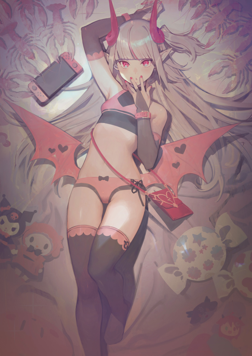 1girl absurdres bag bangs bed black_legwear blunt_bangs blush bow bow_panties bra demon_horns demon_wings elbow_gloves fingerless_gloves gloves grey_hair halterneck hand_on_own_face handbag heart heart-shaped_pupils highres horns kuromi long_hair lying makaino_ririmu my_melody nail_polish nijisanji nintendo_switch onegai_my_melody panties pink_panties pointy_ears red_eyes solo stuffed_toy symbol-shaped_pupils thigh_gap thighhighs underwear unti_no_azi very_long_hair wings