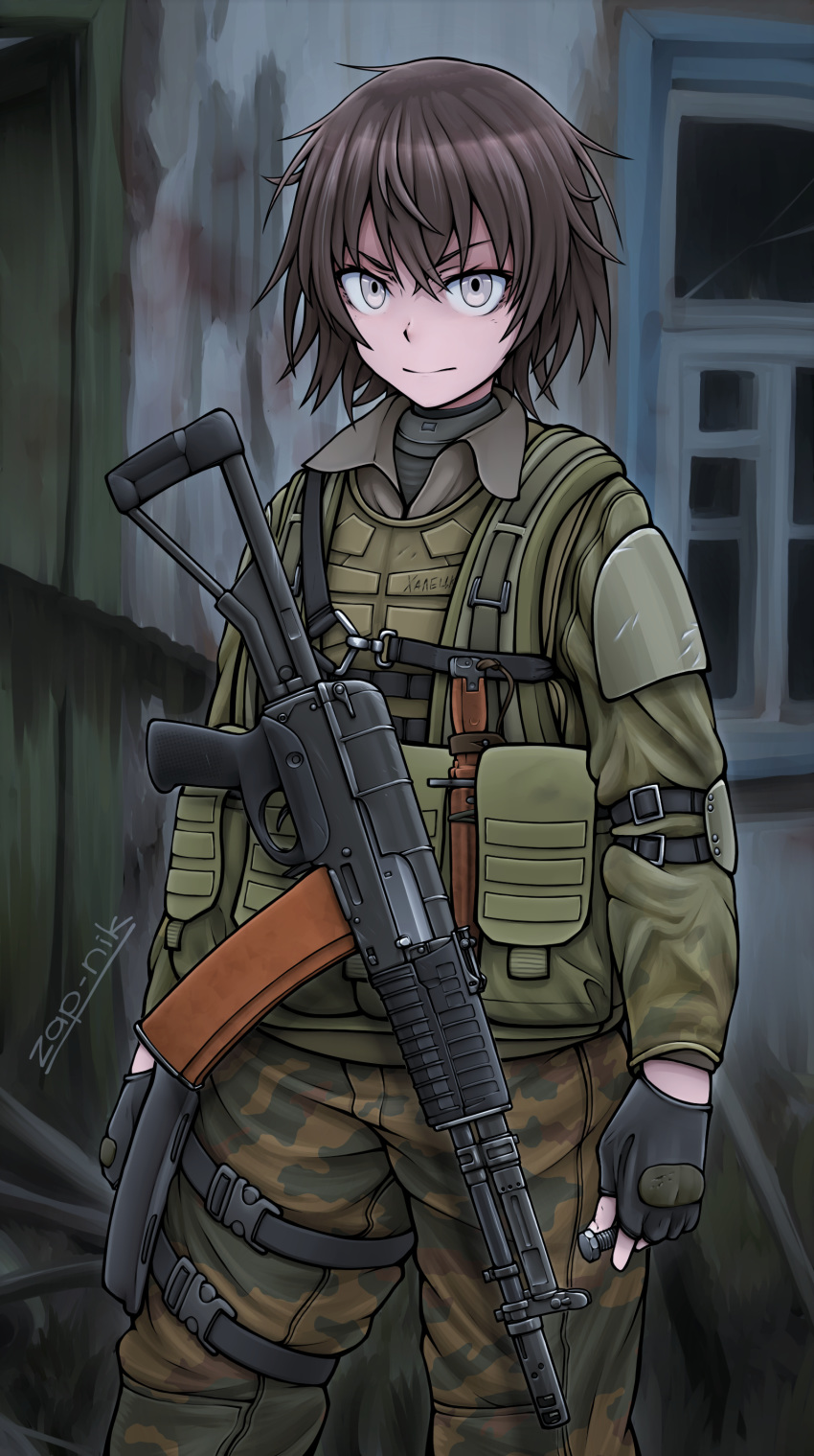 1girl absurdres aek-971 armor bolt brown_hair camouflage dagger elbow_pads fingerless_gloves gloves highres holding light_brown_eyes load_bearing_vest looking_at_viewer military original short_hair solo stalker_(game) weapon zap-nik