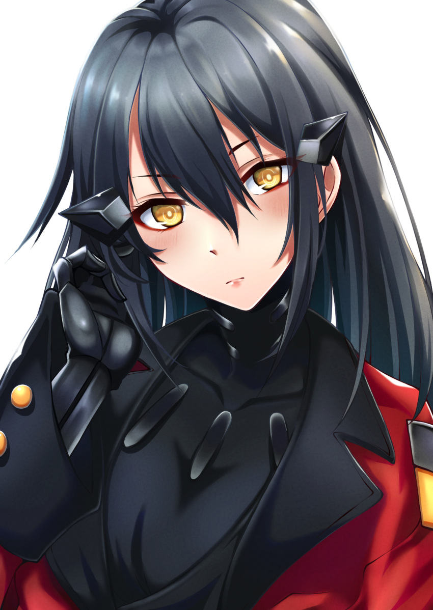 1girl black_hair blush borrowed_garments breasts collarbone dandelion_(girls_frontline) expressionless girls_frontline highres long_hair looking_at_viewer paradeus solo xlscaler yellow_eyes