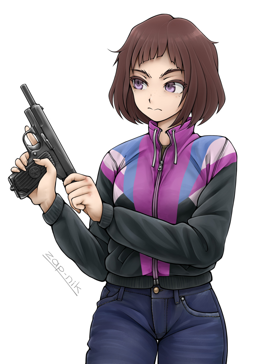 1girl absurdres brown_hair commentary denim english_commentary gun handgun highres holding holding_gun holding_weapon jacket jeans original pants pistol purple_eyes short_hair signature solo tokarev_tt-33 trigger_discipline weapon white_background zap-nik