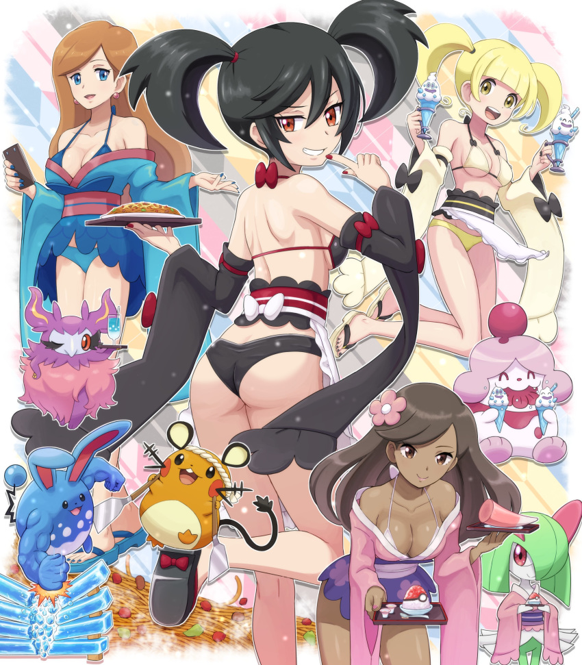 4girls absurdres aromatisse ass azumarill bangs bikini black_bikini black_hair blonde_hair blue_eyes blunt_bangs breasts brown_eyes brown_hair cleavage collarbone commentary_request cup dark_skin dedenne drinking_glass earrings flower furisode_girl_(pokemon) furisode_girl_asami furisode_girl_karen furisode_girl_kirika furisode_girl_shione gen_2_pokemon gen_3_pokemon gen_5_pokemon gen_6_pokemon glass hair_flower hair_ornament hair_tie highres holding holding_plate holding_tray jewelry kirlia kneepits leg_up long_hair looking_at_viewer looking_back looking_down multiple_girls nail_polish plate pokemoa pokemon pokemon_(creature) pokemon_(game) pokemon_xy red_eyes red_nails shiny shiny_skin shoulder_blades slurpuff swept_bangs swimsuit tied_hair tray vanillish yellow_eyes