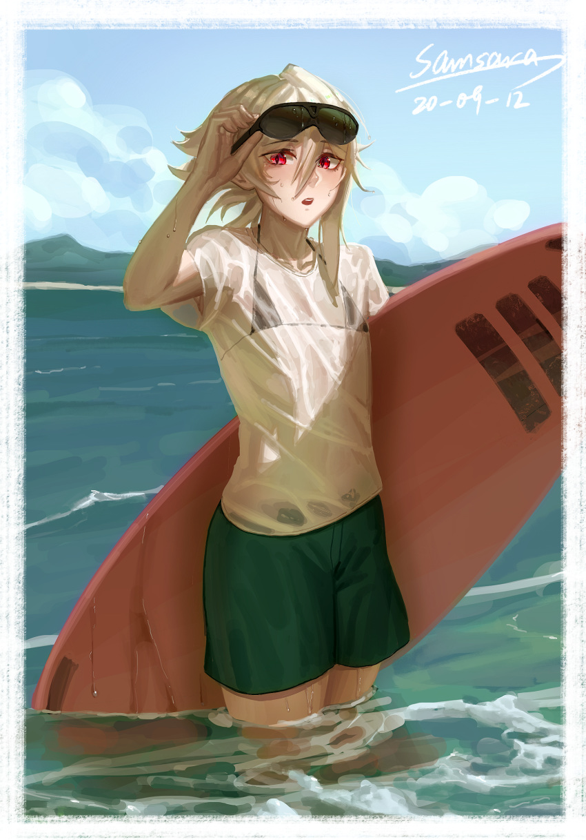 1boy arm_up asymmetrical_hair bikini bikini_under_clothes blonde_hair blue_sky blush border cloud collarbone corrin_(fire_emblem) corrin_(fire_emblem)_(male) crossdressing dated day eyebrows_visible_through_hair eyelashes fire_emblem fire_emblem_fates green_shorts highres holding holding_eyewear in_water medium_hair micro_bikini mixed-language_commentary ocean open_mouth otoko_no_ko outdoors red_eyes samsara_(shuukeura) see-through shirt short_sleeves shorts sidelocks signature sky solo sunglasses surfboard swimsuit wading water wet wet_clothes wet_shirt