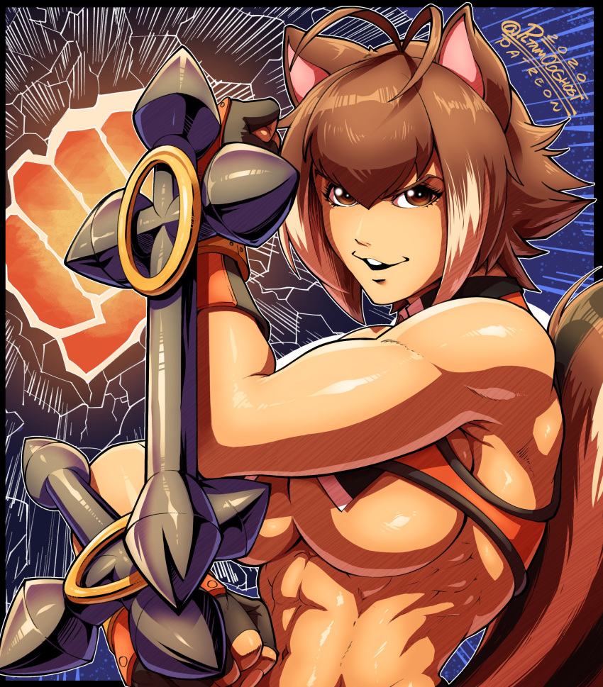 2020 abs absurd_res ahoge animal_humanoid bare_shoulders biceps big_breasts blazblue breasts brown_eyes brown_hair clothed clothing female fingerless_gloves fist flexing gloves hair handwear hi_res humanoid looking_at_viewer makoto_nanaya mammal mammal_humanoid midriff muscular muscular_female muscular_humanoid navel pltnm06ghost pose rodent rodent_humanoid sciurid sciurid_humanoid short_hair signature solo squirrel_humanoid squirrel_tail topwear under_boob video_games weapon