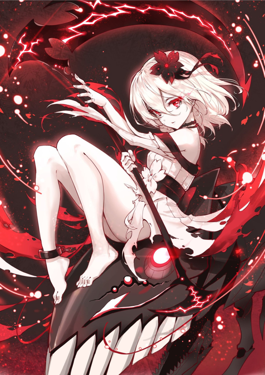 1girl ass barefoot bright_pupils choker cuffs dress flower hair_between_eyes hair_flower hair_ornament haoni highres kantai_collection light_trail looking_at_viewer parted_lips red_eyes scythe sergestid_shrimp_in_tungkang shackles shinkaisei-kan short_hair sitting solo torn_clothes torn_dress white_dress white_hair white_pupils white_skin xuan_ying