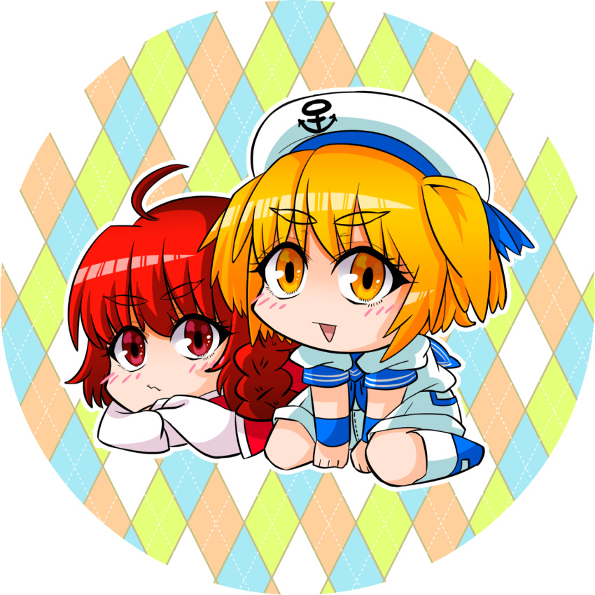 2girls ahoge argyle argyle_background blonde_hair blue_bracelet blue_footwear blush braid chibi eyebrows_visible_through_hair hat highres homara8524 kitashirakawa_chiyuri lying multiple_girls okazaki_yumemi open_mouth red_eyes red_hair round_image sailor sailor_collar sailor_hat sailor_shirt shirt shorts touhou touhou_(pc-98) twintails yellow_eyes