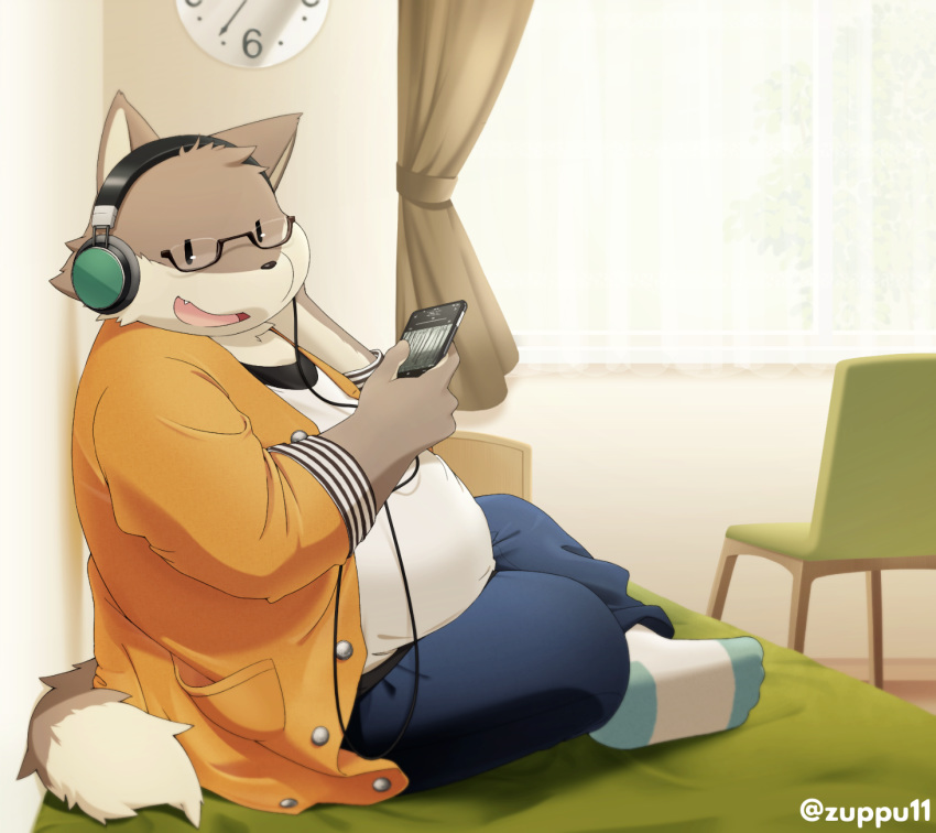 2015 anthro bottomwear canid canine canis clothing domestic_dog eyewear glasses headphones hi_res inside kemono male mammal overweight overweight_anthro overweight_male pants phone shirt sitting solo topwear zuppu11