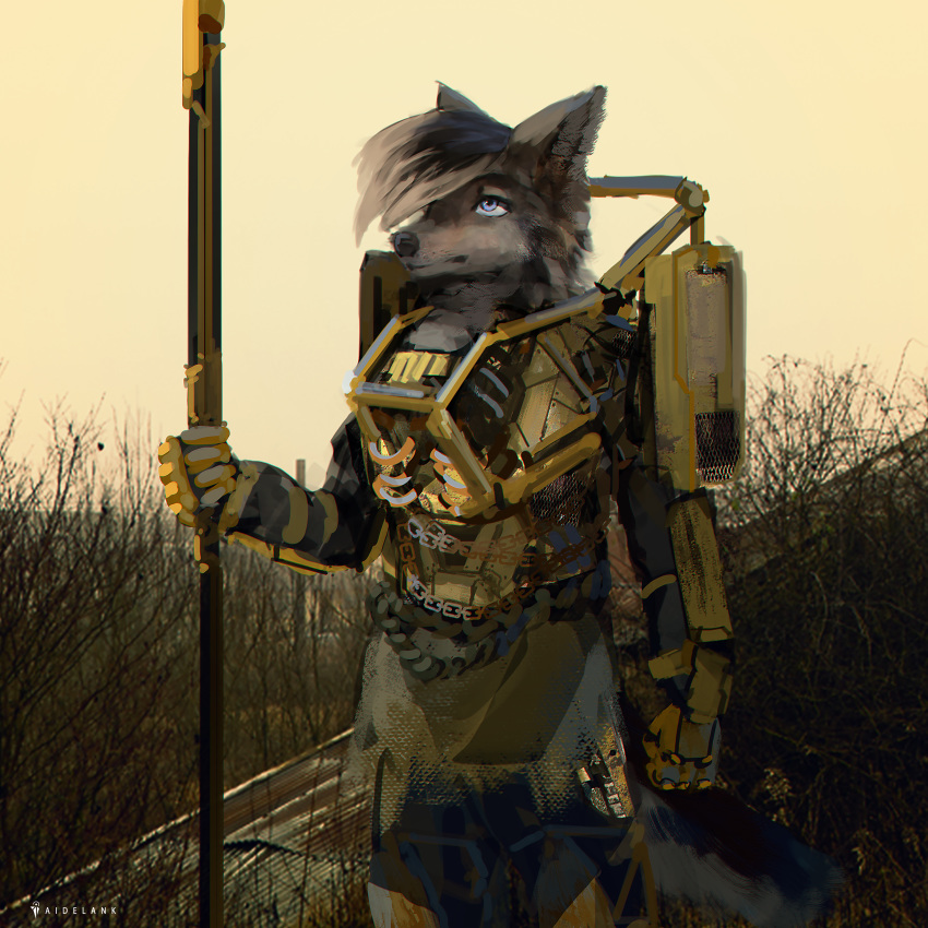 absurd_res aidelank anthro armor blue_eyes brown_body brown_fur brown_hair canid canine chain exoskeleton foshka fur hair hi_res holding_object holding_weapon loader_(risk_of_rain) looking_forward male mammal maned_wolf mechanical_arm melee_weapon mouth_closed risk_of_rain risk_of_rain_2 solo staff tan_body tan_fur tan_hair wasteland weapon