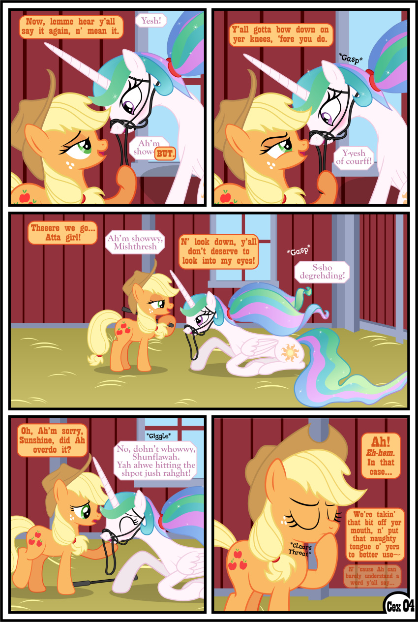 absurd_res applejack_(mlp) blonde_hair blush bridle comic dialogue domination duo equid female female/female female_domination feral friendship_is_magic gutovi-kun hair hi_res horn mammal my_little_pony princess_celestia_(mlp) submissive submissive_female winged_unicorn wings