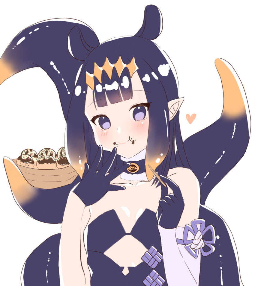 1girl :t black_gloves black_hair blush closed_mouth collarbone detached_collar eating english_commentary eyebrows_visible_through_hair food food_on_face gloves head_tilt heart highres holding hololive hololive_english jiu_wei_maao looking_at_viewer ninomae_ina'nis pointy_ears purple_eyes solo takoyaki tentacles toothpick upper_body virtual_youtuber white_background