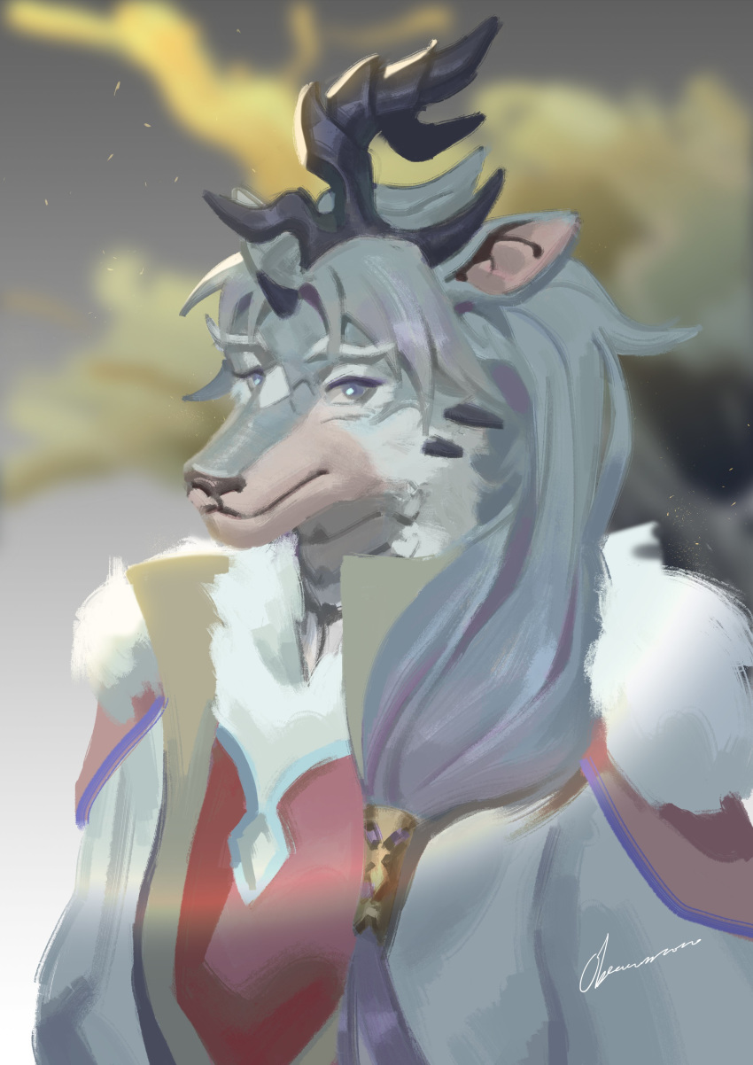 absurd_res anthro asian_mythology chinese_mythology clothed clothing detailed_background east_asian_mythology fur grey_body grey_ears grey_eyes grey_fur grey_hair hair hi_res horn juan_yun kirin long_hair male multicolored_body multicolored_fur mythology night oberon_kuo scales sdorica sdorica_sunset sky spikes star starry_sky two_tone_body two_tone_fur white_body white_fur white_scales