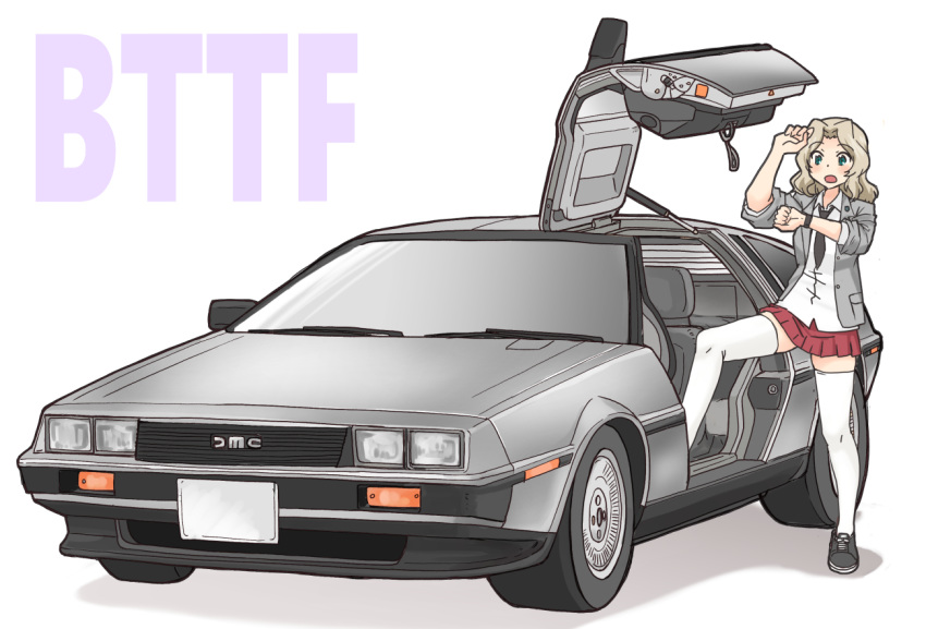 1girl back_to_the_future black_neckwear blazer blonde_hair blouse blue_eyes blue_footwear car collared_blouse commentary copyright_name cross-laced_footwear delorean foot_up girls_und_panzer grey_jacket ground_vehicle hair_intakes jacket kay_(girls_und_panzer) long_hair long_sleeves looking_at_watch miniskirt motor_vehicle necktie open_clothes open_jacket open_mouth parody pleated_skirt red_skirt revision saunders_school_uniform school_uniform shoes simple_background skirt sleeves_rolled_up sneakers solo standing thighhighs uona_telepin vehicle_focus watch white_background white_blouse white_legwear wristwatch
