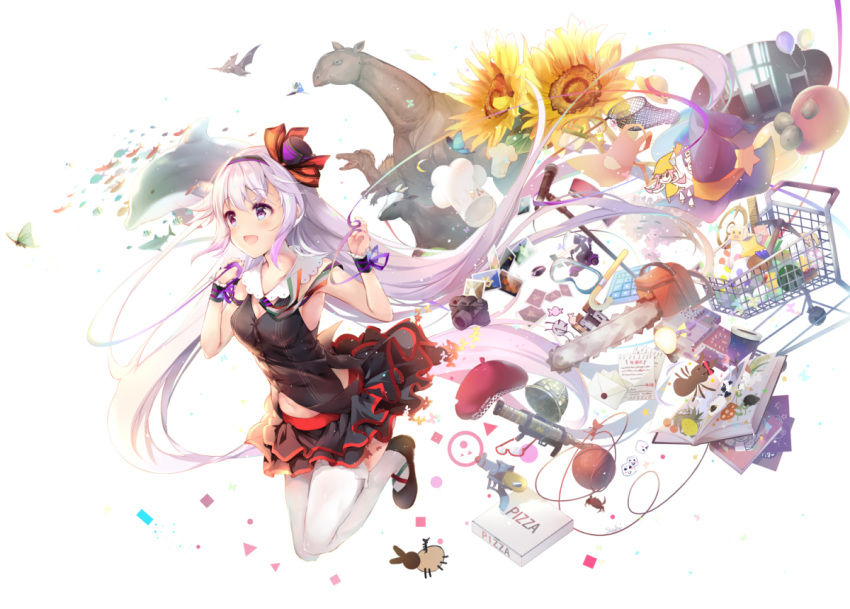 .live armpits banned_artist breasts carro_pino dolphin english_commentary flower full_body hat headband military_hat official_art pizza_box purple_eyes purple_hair shoes sleeveless small_breasts suihi sunflower telescope thighhighs virtual_youtuber white_background white_legwear