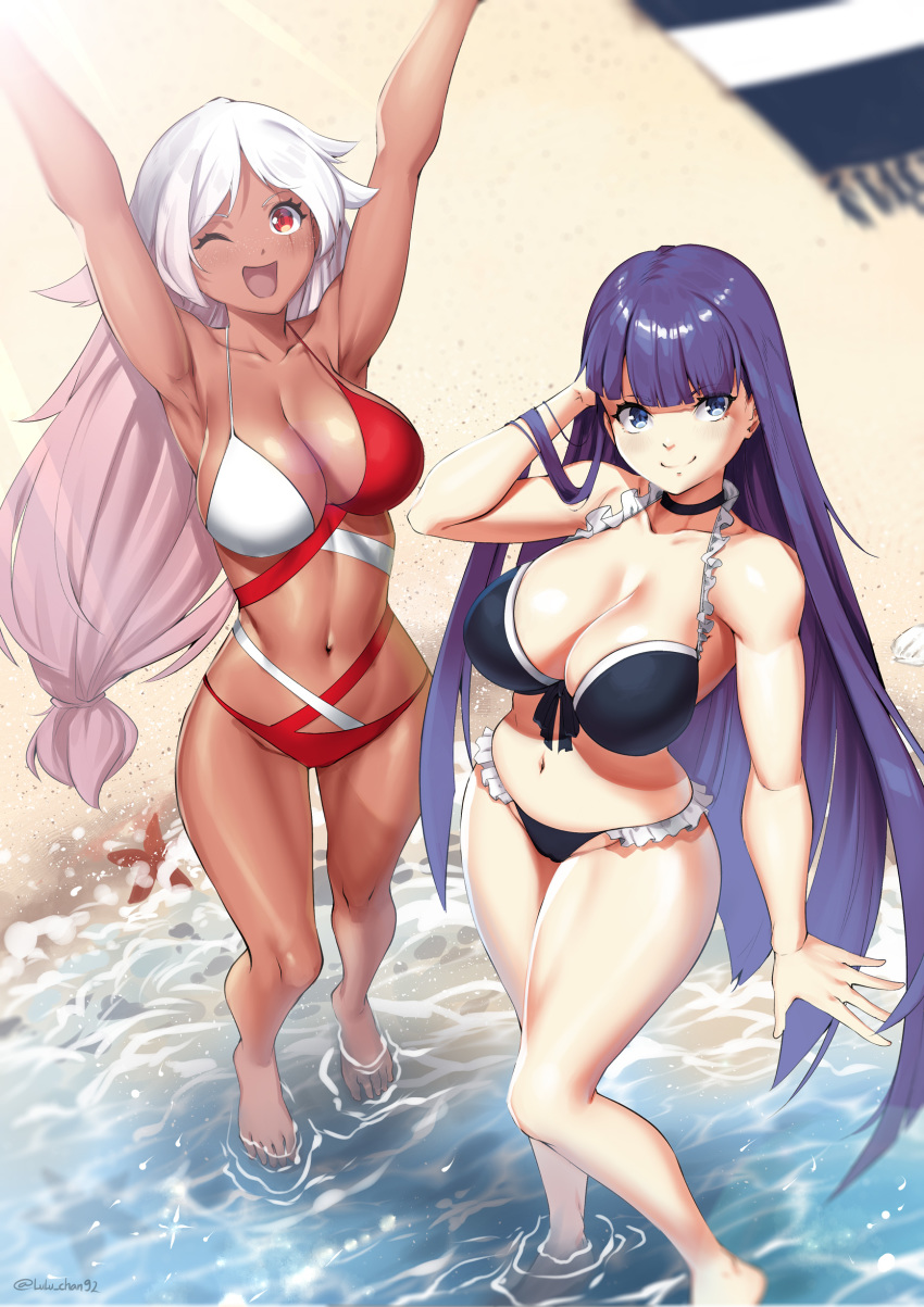 2girls absurdres adjusting_hair arms_up artist_name beach bikini blue_eyes breasts choker cleavage commission dark_skin fate_(series) frilled_bikini frills from_above highres hime_cut large_breasts long_hair looking_at_viewer lulu-chan92 multicolored_hair multiple_girls one_eye_closed original purple_hair saint_martha saint_martha_(swimsuit_ruler)_(fate) sand scar scar_across_eye seashell shell starfish sunlight swimsuit twitter_username two-tone_dress two-tone_hair