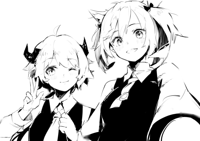 2girls :d alternate_costume animal_ear_fluff animal_ears arknights bangs collared_shirt croissant_(arknights) dress_shirt foreshortening formal greyscale horns huanxiang_heitu long_hair long_sleeves looking_at_viewer monochrome multiple_girls necktie one_eye_closed open_mouth shirt short_hair simple_background smile sora_(arknights) swept_bangs twintails upper_body w white_background wing_collar wolf_ears