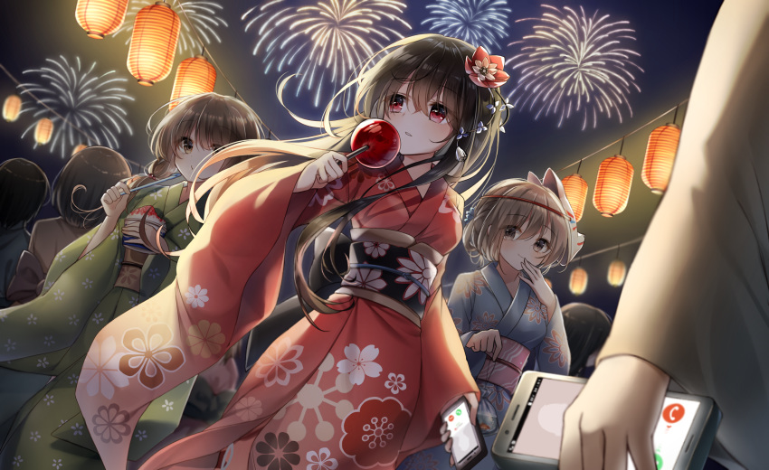 6+girls absurdres aerial_fireworks bangs black_hair blue_kimono blush breasts brown_eyes brown_hair brown_kimono candy_apple cellphone closed_mouth commentary_request dutch_angle eyebrows_visible_through_hair facing_away fireworks floral_print flower food green_kimono hair_between_eyes hair_flower hair_ornament hand_to_own_mouth hand_up highres holding holding_food holding_phone holding_spoon japanese_clothes kimono lantern long_hair long_sleeves looking_away looking_to_the_side low_twintails multiple_girls night night_sky obi original outdoors parted_lips phone print_kimono pudding_(skymint_028) red_eyes red_flower red_kimono sash shaved_ice sky small_breasts smile spoon twintails very_long_hair wide_sleeves