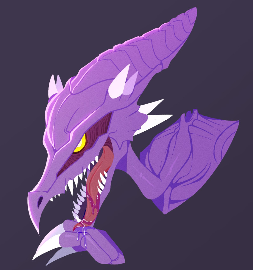 2020 alien anthro bodily_fluids claws dragon gaiki hi_res licking looking_at_viewer male metroid nintendo open_mouth ridley saliva scalie simple_background solo space_dragon_(metroid) teeth tongue tongue_out video_games