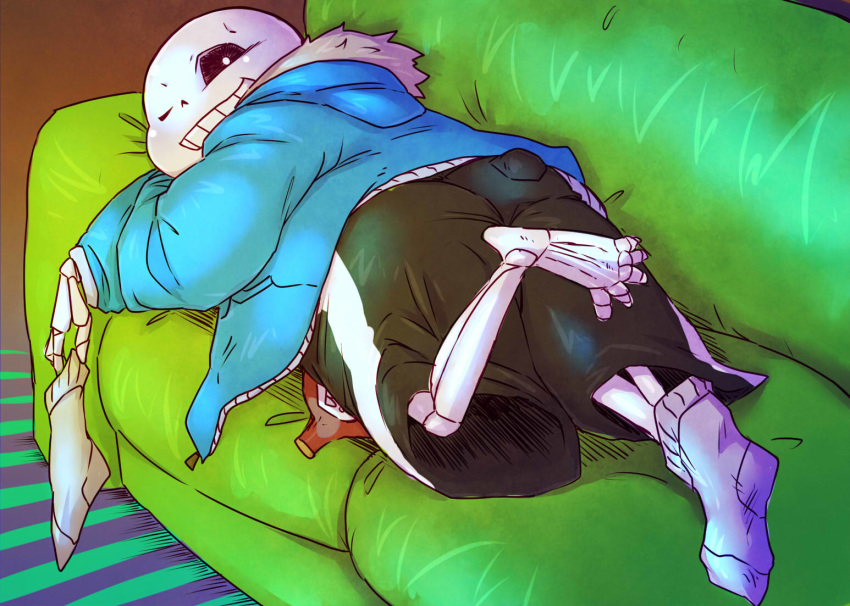 2016 animated_skeleton bone bottomwear butt chiro_(artist) clothed clothing furniture hoodie humanoid lying male not_furry one_eye_closed sans_(undertale) shorts skeleton sofa solo topwear undead undertale video_games wink