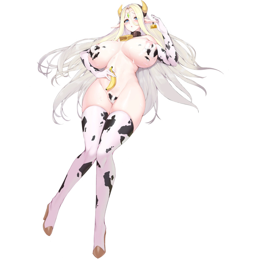 1girl animal_print banana bell bell_collar blonde_hair blue_eyes boots cerestia_of_life circlet collar cow_bell cow_horns cow_print ear_piercing ear_tag elbow_gloves elf food fruit full_body gloves hair_between_eyes highres horns last_origin long_hair long_pointy_ears nipples official_art piercing pointy_ears snowball22 solo tachi-e tag thigh_boots thighhighs very_long_hair