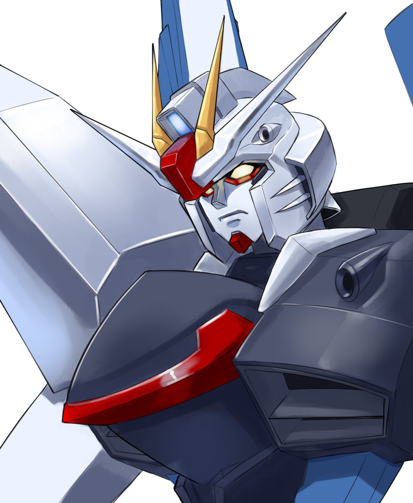 absurdres close-up cosmikaizer english_commentary freedom_gundam gundam gundam_seed highres looking_down mecha no_humans parody redesign solo style_parody v-fin white_background yellow_eyes yuusha_series