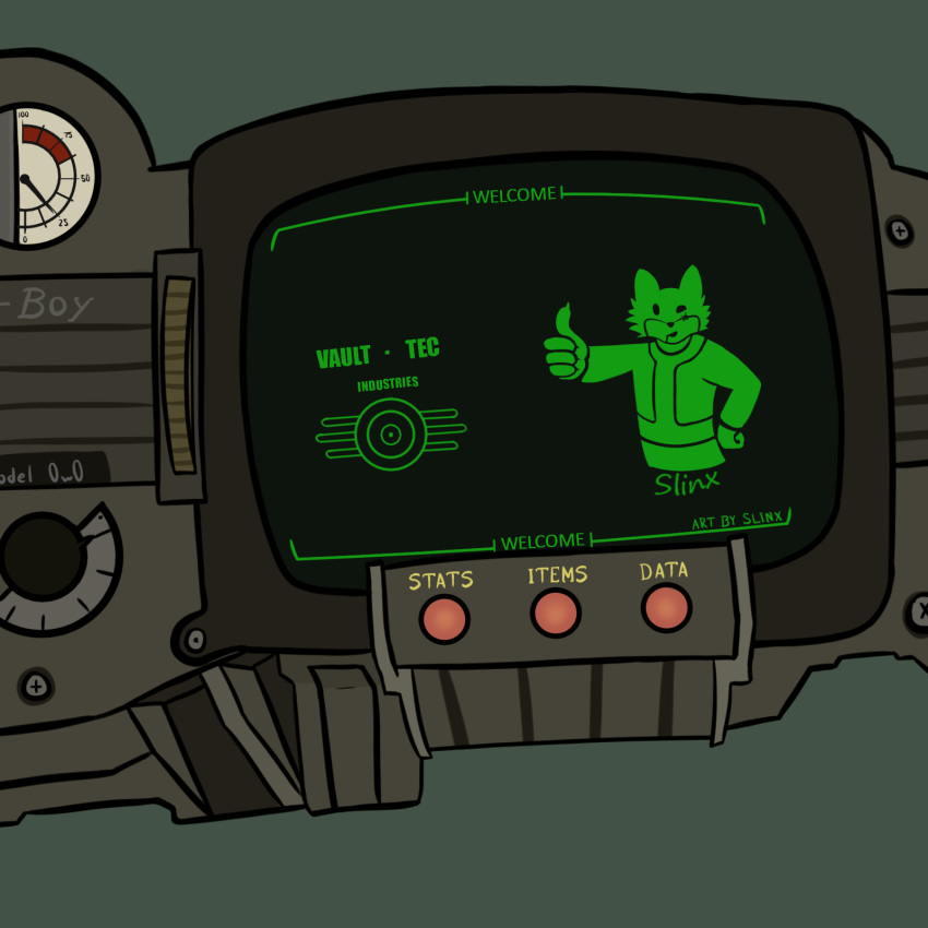 anthro bethesda_softworks canid canine fallout fox hi_res male mammal pip-boy slinx slinx_(character) solo vault-tec video_games