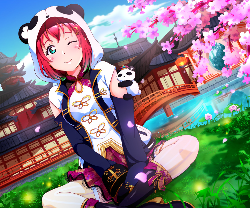 1girl absurdres animal_costume bangs black_legwear boots bridge cherry_blossoms chinese_clothes cloud cloudy_sky detached_sleeves earrings floral_print flower grass green_eyes hair_ornament highres indian_style jewelry kurosawa_ruby lace lace-trimmed_skirt long_sleeves looking_at_viewer love_live! love_live!_sunshine!! one_eye_closed pagoda panda_costume panda_hood pink_ribbon pink_skirt red_hair ribbon shirt short_hair sitting skirt sky sleeves_past_fingers sleeves_past_wrists smile solo stuffed_animal stuffed_panda stuffed_toy tsumikiy vest white_shirt