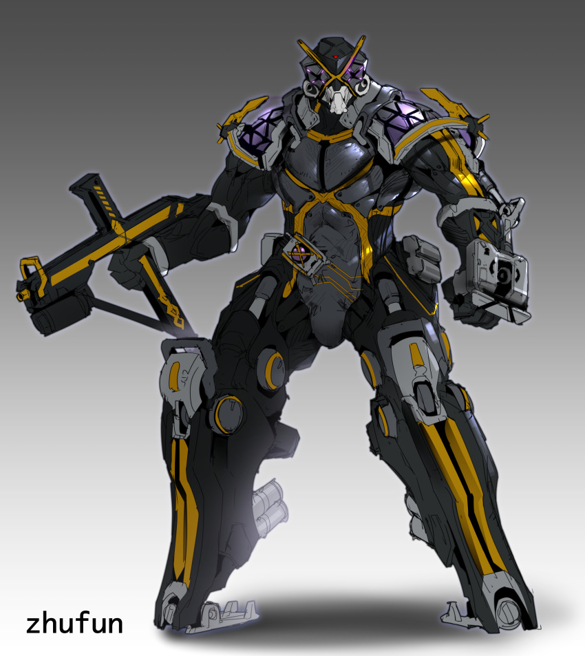 absurdres artist_name clenched_hand gradient gradient_background gun highres holding holding_gun holding_weapon kamen_rider kamen_rider_555 kamen_rider_kaixa looking_at_viewer mecha mechanization no_humans solo standing weapon zhu_fun