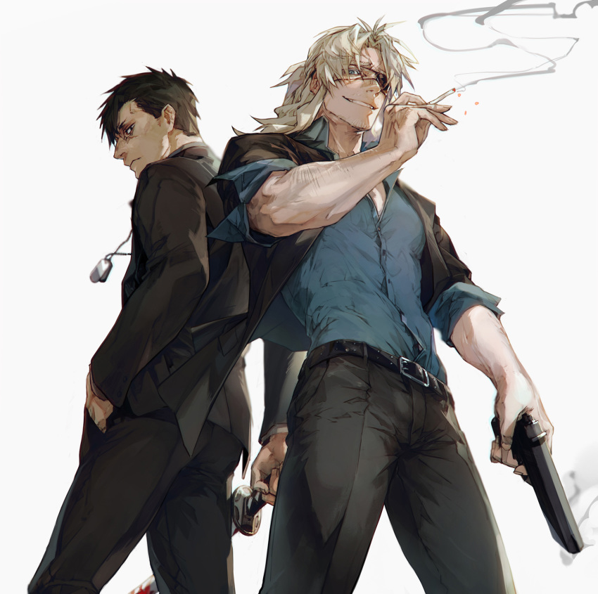 2boys arm_at_side bangs belt black_belt black_eyepatch black_hair black_jacket black_pants blonde_hair blood bloody_weapon blue_eyes blue_shirt cigarette collared_shirt cowboy_shot dog_tags dress_shirt embers english_commentary eyepatch formal gangsta grin gun haban_(haban35) hand_in_pocket hand_up handgun highres holding holding_cigarette holding_gun holding_sword holding_weapon jacket katana long_hair looking_at_viewer male_focus multiple_boys nicolas_brown pants parted_bangs partially_unbuttoned pistol profile shirt short_hair simple_background sleeves_rolled_up smile smoke smoking_gun standing suit sword weapon white_background worick_arcangelo