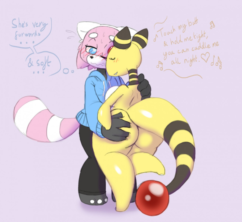 3_toes ampharos bewear bit-small bit_(bit-small) blush bodily_fluids bottomwear breast_squish breasts butt butt_grab clothing colored dialogue duo ears_down eyelashes eyes_closed featureless_feet featureless_hands female fingers fur glistening glistening_body glistening_eyes hand_on_butt hoodie hug legs_together male mammal multicolored_body nintendo nude pants pink_background pink_body pivoted_ears pok&eacute;mon pok&eacute;mon_(species) rear_view short_stack shoulder_blades shoulder_grab simple_background singing squish striped_ears striped_neck striped_tail stripes sweat toes topwear ursid video_games white_body yellow_body