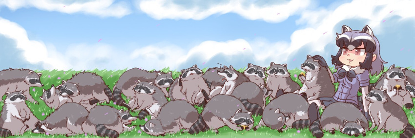 2020 3:1 animal_humanoid arai-san cuddling detailed_background duo eyes_closed feral fur grey_body grey_fur group humanoid humanoid_hands kemono kemono_friends mammal mammal_humanoid multi_ear outside petting procyonid procyonid_humanoid raccoon raccoon_humanoid sitting slightly_chubby tired umikazenet3