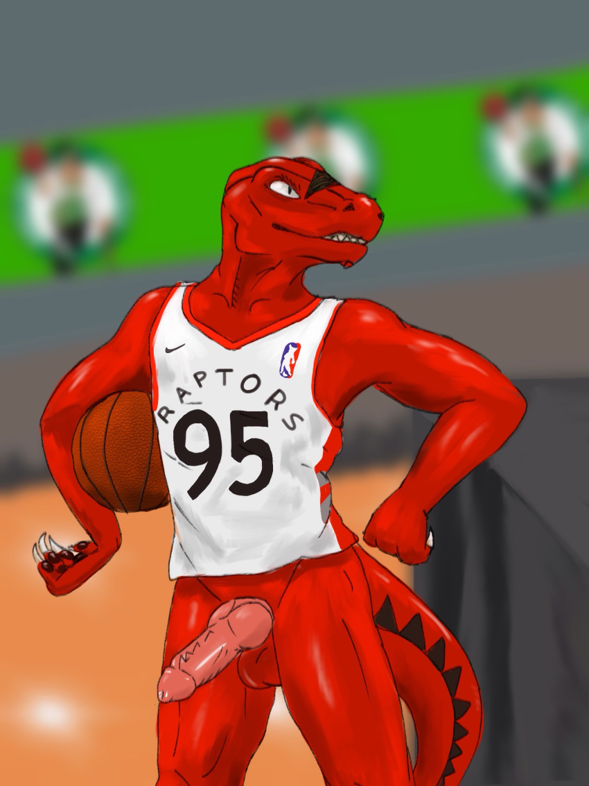 4_fingers anatomically_correct anthro ball balls basketball basketball_(ball) biceps claws clothed clothing dinosaur dromaeosaurid erection fangs fingers genitals hi_res jersey knot male markings mascot nba penis red_body reptile scale_markings scales scalie skunkhotel smile smooth_skin snout solo sport teeth text text_on_clothing text_on_topwear the_raptor theropod topwear toronto toronto_raptors