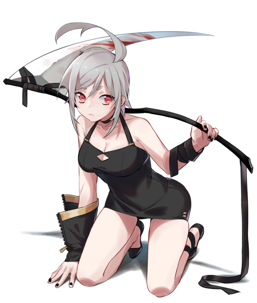 1girl ahoge bandages bare_shoulders black_choker black_dress black_footwear black_nails blood bloody_weapon breasts choker cleavage cleavage_cutout closed_mouth collarbone dress eyebrows_visible_through_hair fingernails grey_hair hair_between_eyes highres holding holding_scythe holding_weapon kneeling medium_hair original orsis_t-5000 over_shoulder pencil_dress red_eyes scythe shisantian short_eyebrows slit_pupils solo weapon weapon_over_shoulder white_background zipper zipper_pull_tab