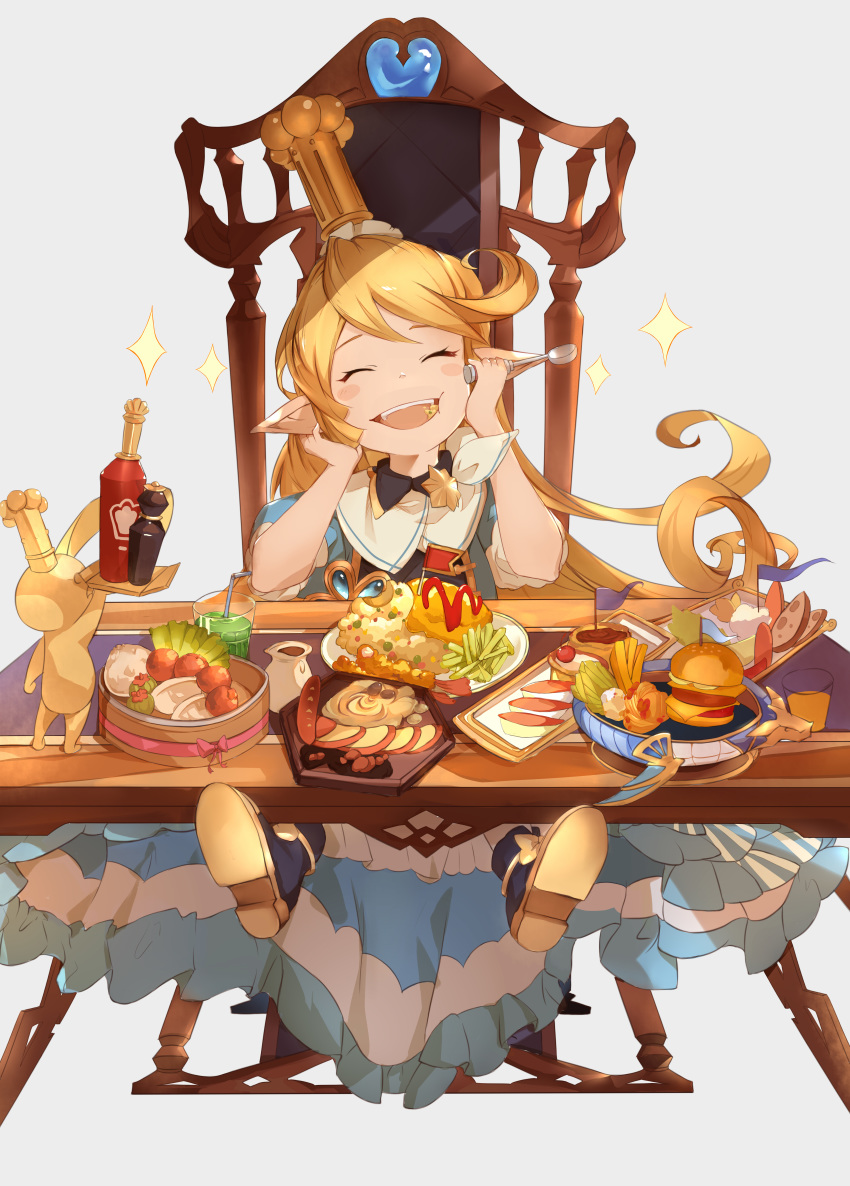 1girl absurdres blonde_hair blush_stickers chair charlotta_fenia clearhand cup dress drinking_glass drinking_straw food full_mouth granblue_fantasy hamburger happy harvin highres huge_filesize long_hair mini_flag omurice pointy_ears spoon table