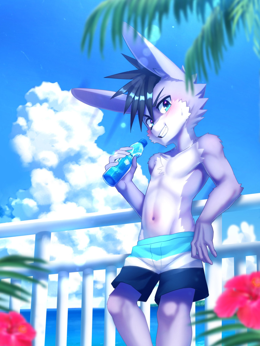 absurd_res anthro athletic athletic_anthro athletic_male blush bodily_fluids clothed clothing hi_res lagomorph leporid male mammal manadezimon rabbit solo sweat swimming_trunks swimwear teenager topless v-cut water_bottle young