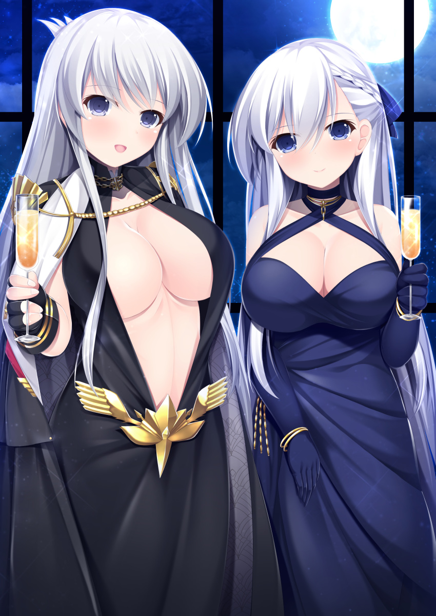 azur_lane belfast_(azur_lane) cleavage dress enterprise_(azur_lane) kishimen no_bra open_shirt