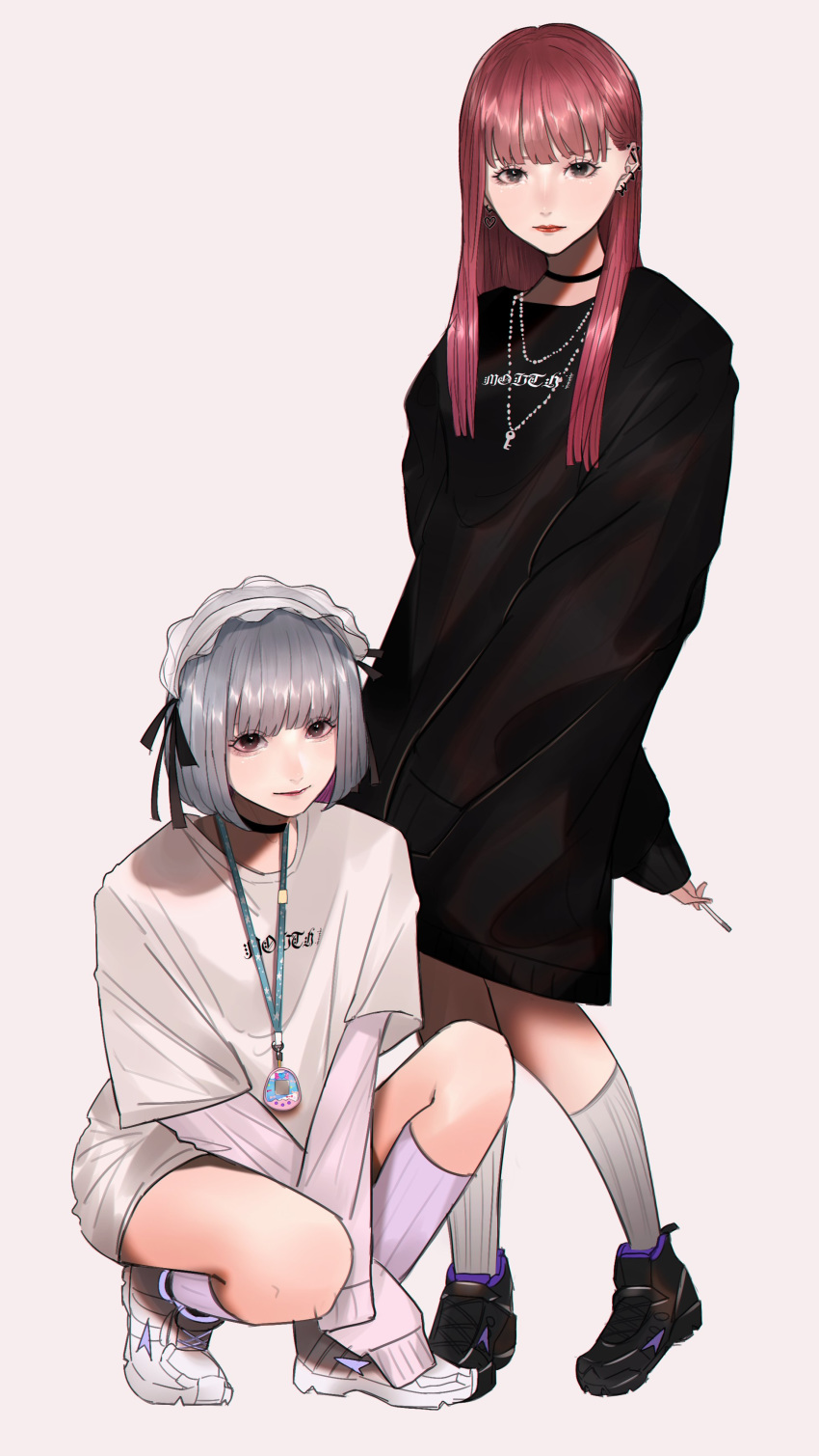 2girls absurdres bangs black_eyes bob_cut brown_eyes choker cigarette ear_piercing grey_hair highres holding holding_cigarette jewelry lanyard long_hair looking_at_viewer mano_aaa multiple_girls necklace original piercing red_hair squatting standing tamagotchi