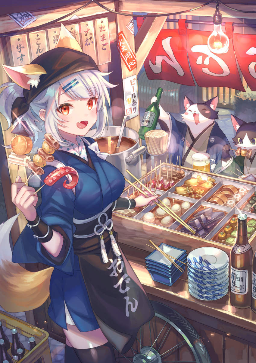 1girl absurdres animal_ears bandana beer_mug black_legwear blue_kimono bottle breasts cat cat_ears cat_girl cat_tail chopsticks cup food food_stand hair_ornament hairpin highres japanese_clothes kimono ladle large_breasts light_bulb looking_at_viewer mug noren oden original plate ponytail pot red_eyes silver_hair solo_focus tail thighhighs tire yatai yukata zoff_(daria)