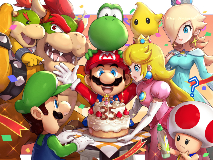 2girls 5boys :d ? anniversary aqua_dress blonde_hair blue_eyes blue_overalls bottle bowser bowser_jr. breasts brown_hair cake crown detergent dress earrings facial_hair father_and_son food gonzarez green_headwear hand_on_own_chin highres jewelry luigi luma_(mario) mario mario_(series) medium_breasts multiple_boys multiple_girls mustache open_mouth paper_mario_64 pink_dress princess_peach red_headwear rosalina smile toad twitter_username yoshi