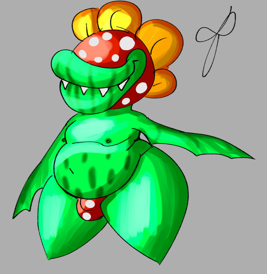 anthro balls biped bulge clothing digital_media_(artwork) elemental_creature eye_moisturizer flora_fauna genitals green_body green_skin hi_res humanoid male mario_bros nintendo not_furry petey_piranha piranha_plant plant polka_dots sharp_teeth simple_background smile solo teeth thong underwear video_games