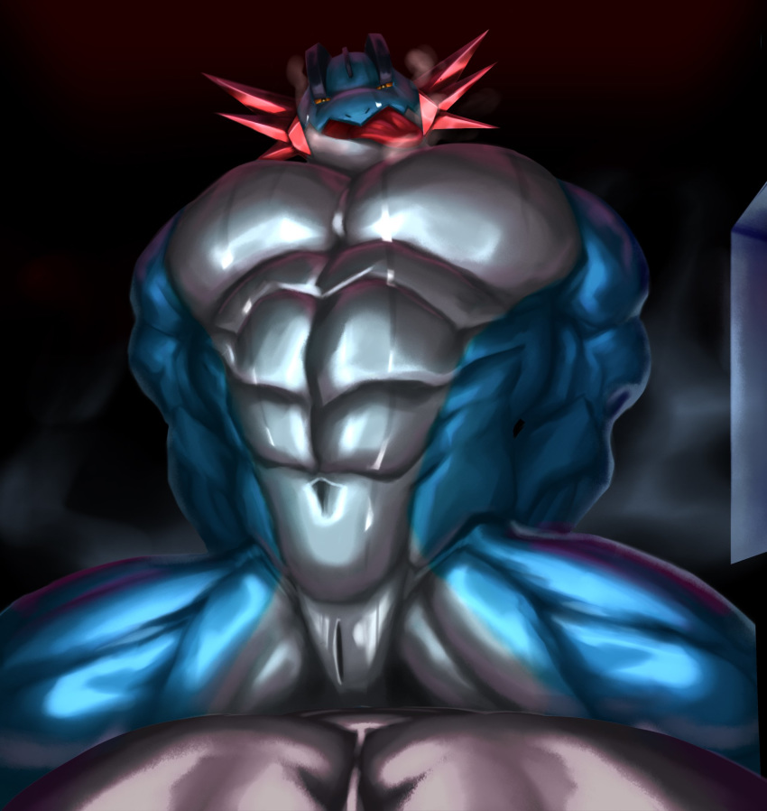 abs anthro biceps big_muscles bodily_fluids duo hi_res huge_muscles male mega_evolution mega_swampert muscular muscular_anthro muscular_male nintendo pok&eacute;mon pok&eacute;mon_(species) pose power_bottom sitting slit snoway swampert sweat tongue tongue_out video_games