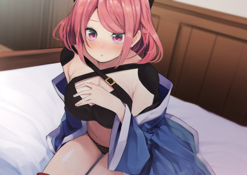 1girl armpit_crease black_panties blue_coat breasts cleavage cleavage_cutout coat criss-cross_halter crop_top halter_top halterneck hand_on_own_chest indoors long_sleeves looking_at_viewer medium_breasts navel nigo_(aozoragarou) no_pants off_shoulder on_bed open_clothes open_coat panties parted_lips pink_eyes pink_hair revealing_clothes shichisei_no_subaru short_hair sidelocks sitting solo stomach string_panties thighs underwear usui_satsuki wide_sleeves