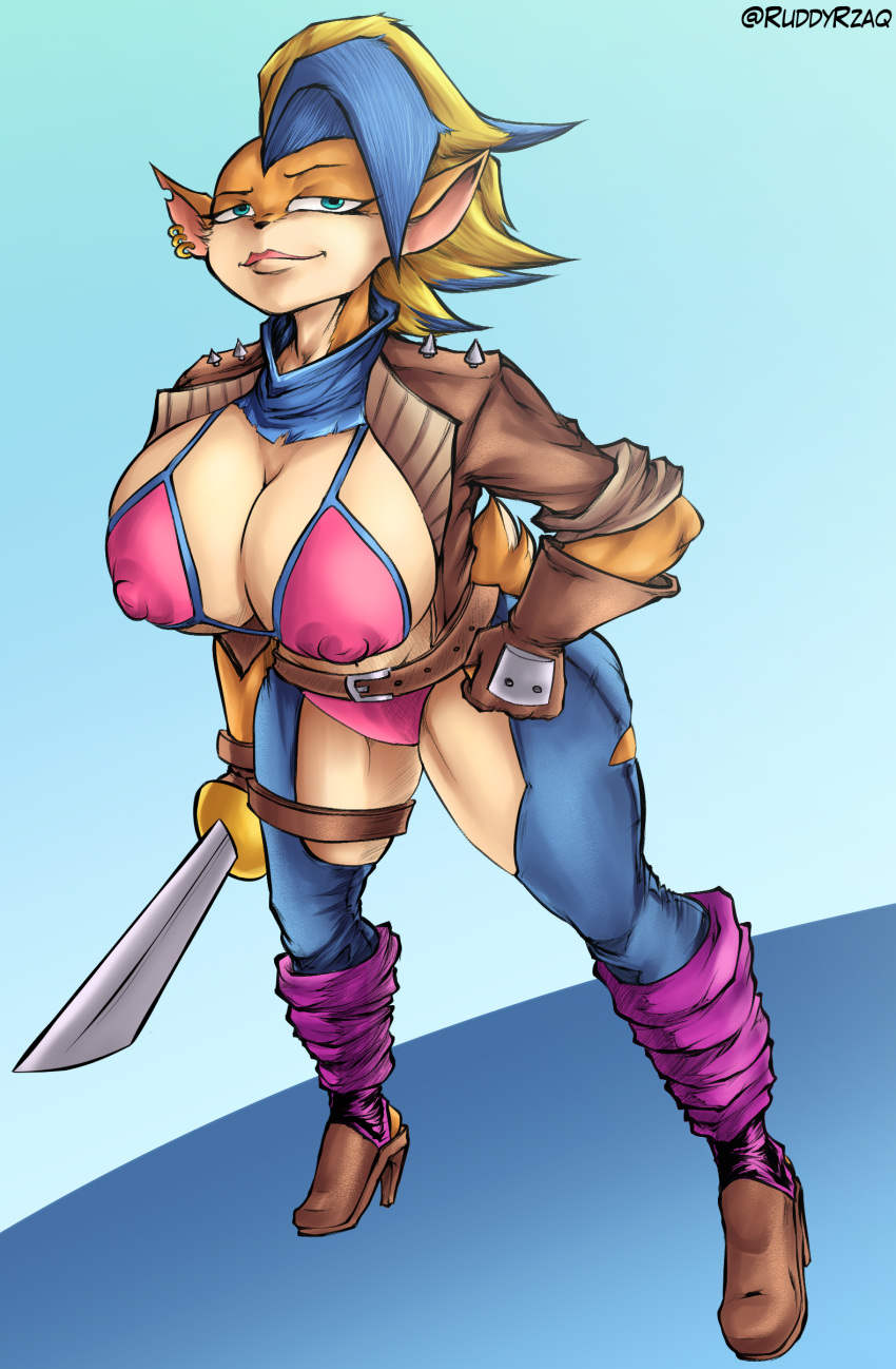 absurd_res activision anthro big_breasts breasts clothing crash_bandicoot_(series) female feral hi_res humanoid ruddyrzaq simple_background solo tawna_bandicoot video_games