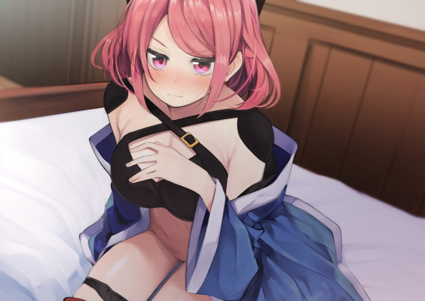 1girl armpit_crease black_panties blue_coat blush breasts cleavage cleavage_cutout closed_mouth coat criss-cross_halter crop_top frown groin halter_top halterneck hand_on_own_chest indoors long_sleeves looking_at_viewer medium_breasts navel nigo_(aozoragarou) no_pants nose_blush off_shoulder on_bed open_clothes open_coat panties panty_pull pink_eyes pink_hair revealing_clothes shichisei_no_subaru short_hair sidelocks sitting solo stomach string_panties thighs underwear usui_satsuki v-shaped_eyebrows wide_sleeves