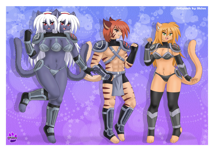 abs anthro border breasts claude_(flafty) domestic_cat felicia_(flafty) felid feline felis female group leona_(flafty) male mammal multi_breast multi_head pantherine shinn tiger white_border