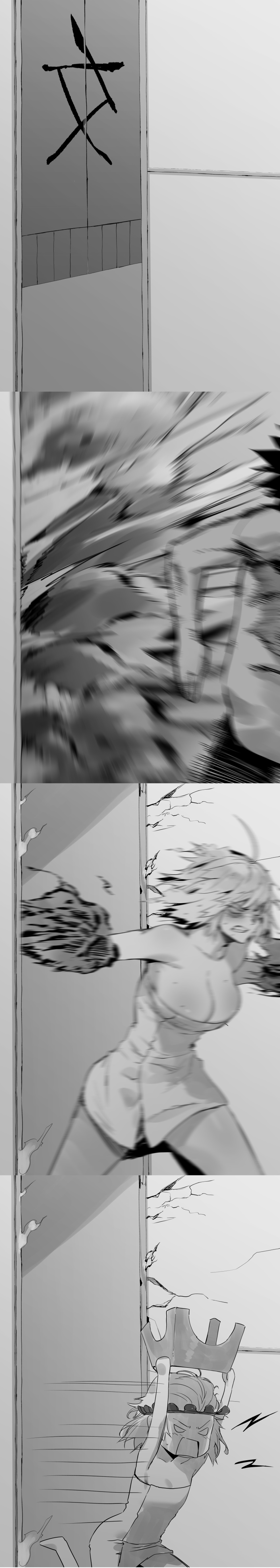 1boy 3girls absurdres angry black_fire blank_eyes bottle braid breasts cleavage cracked_wall explosion fate/grand_order fate_(series) fire fleeing fujimaru_ritsuka_(male) greyscale highres hxd jeanne_d'arc_(alter)_(fate) jeanne_d'arc_(fate)_(all) jeanne_d'arc_alter_santa_lily kanji large_breasts lightning_bolt long_image monochrome motion_lines multiple_girls naked_towel noren nude onsen running shampoo_hat smoke stool tall_image towel what_if