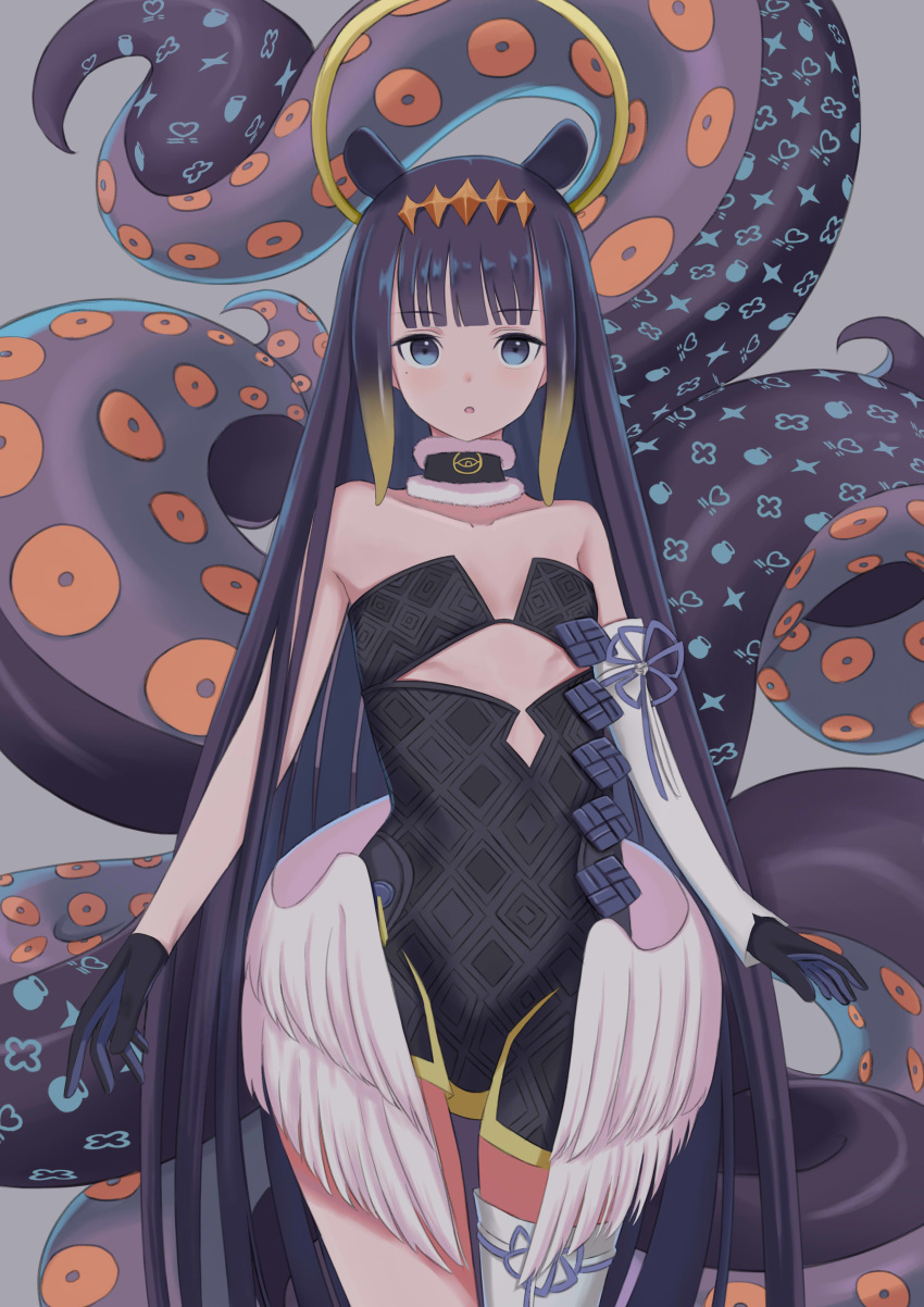 1girl absurdres bangs black_dress blunt_bangs choker dress flat_chest gloves halo highres hololive hololive_english holomyth looking_at_viewer mole natsuki_(natukituki) ninomae_ina'nis pointy_ears purple_hair sidelocks simple_background solo tentacle_hair tentacles thighhighs virtual_youtuber wings