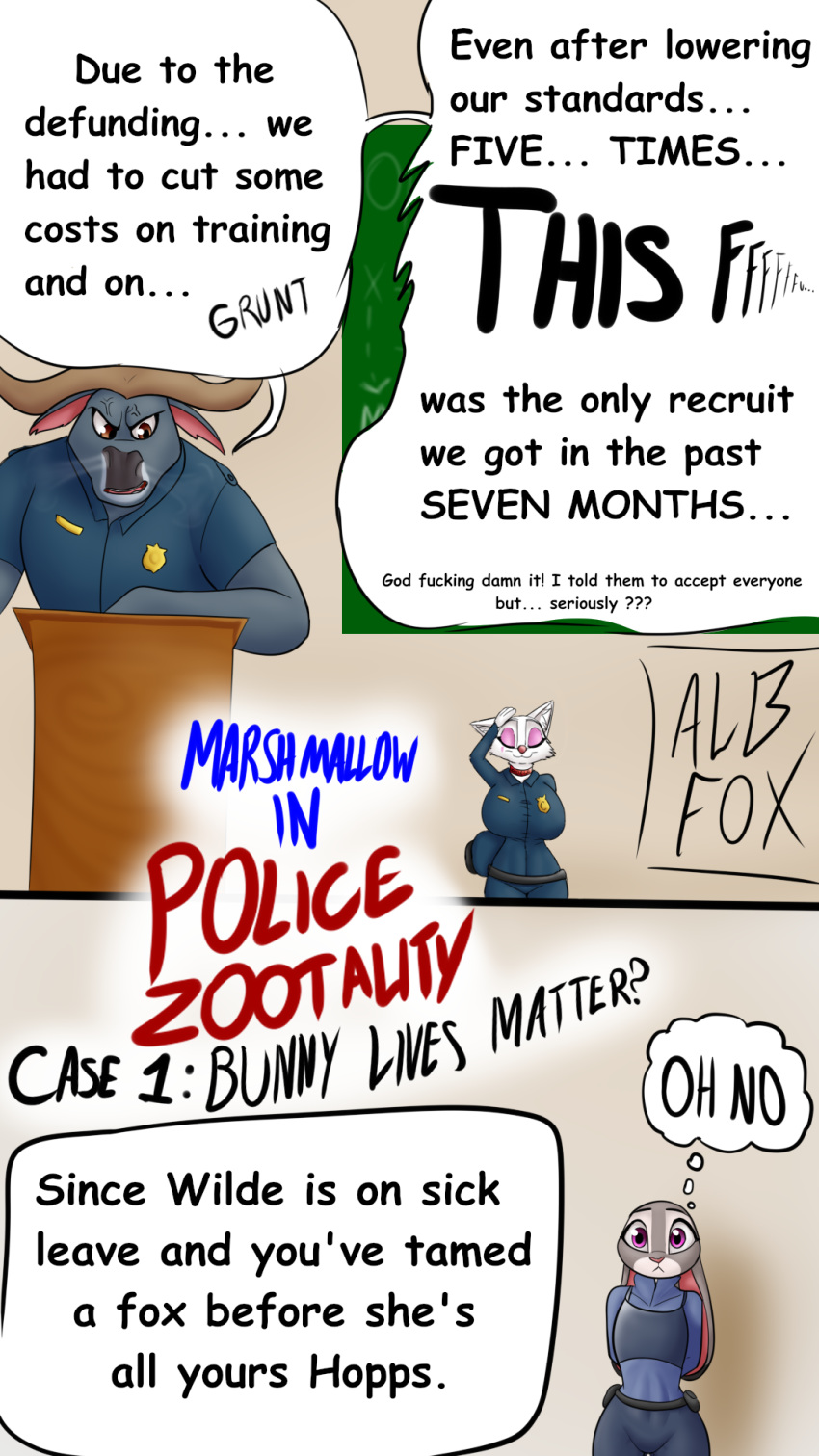 9:16 albinefox angry anthro big_breasts breasts canid canine chief_bogo clothing collar disney english_text female flat_chested fox hi_res humor inner_ear_fluff judy_hopps lagomorph leporid male mammal marshmallow_(albinefox) police_uniform politics profanity rabbit simple_background text thick_thighs tight_clothing tuft uniform wide_hips zootopia