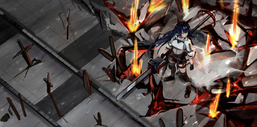 1girl animal_ears arknights blaze_(arknights) blue_eyes blue_hair breasts chainsaw explosion highres long_hair long_sleeves orirock_(arknights) planted_sword planted_weapon solo sword tail timitarcat weapon