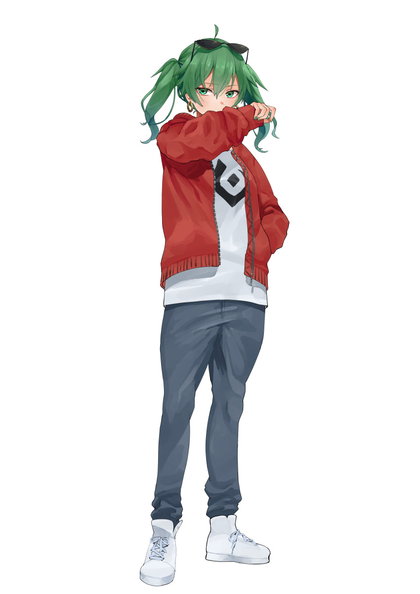 1girl absurdres blue_pants bossan_3310 commentary covering_mouth denim earrings eyewear_on_head full_body green_hair hand_in_pocket hand_up hatsune_miku highres jacket jeans jewelry medium_hair pants red_jacket shirt shoes sneakers solo suna_no_wakusei_(vocaloid) sunglasses twintails vocaloid white_background white_footwear white_shirt