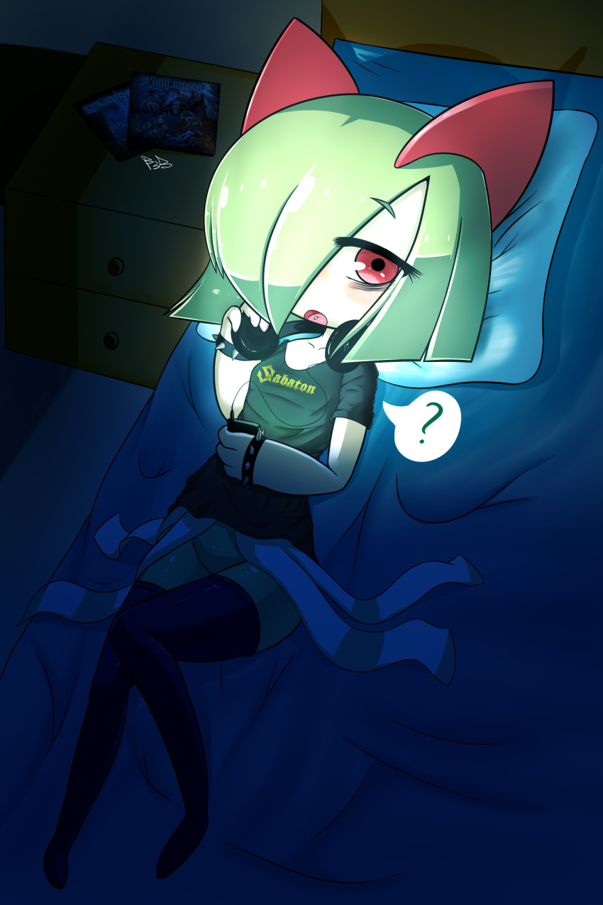 1girl ? absurdres artist_name bangs black_legwear black_shirt bracelet breasts cellphone collarbone dutch_angle eyebrows_visible_through_hair fir3born full_body gen_3_pokemon gothic green_hair green_skin hair_over_one_eye hand_up headphones highres holding holding_phone indoors jewelry kirlia knee_up light looking_at_viewer lying night no_humans no_panties no_pussy on_back on_bed open_mouth phone piercing pillow pokemon pokemon_(creature) powerwolf record_jacket red_eyes sabaton_(band) shiny shiny_hair shiny_skin shirt short_hair short_sleeves signature small_breasts solo speech_bubble spiked_bracelet spikes spoken_question_mark stratovarius table thighhighs tongue tongue_piercing two-tone_skin white_skin