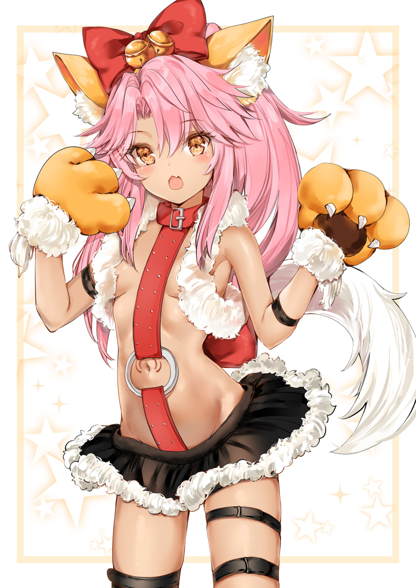 1girl absurdres animal_ears bangs bare_shoulders bell black_skirt blush bow breasts cat_ears cat_tail chloe_von_einzbern dark_skin fang fate/kaleid_liner_prisma_illya fate_(series) fur_trim gloves hair_bow highres jingle_bell long_hair looking_at_viewer navel open_mouth orange_eyes paw_gloves paws pink_hair ponytail red_bow sidelocks skirt small_breasts stomach_tattoo tail tattoo thigh_strap thighs yukineko1018